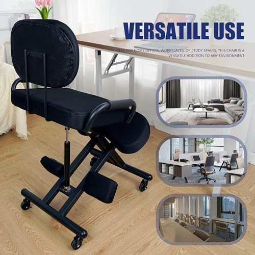 Ergonomic Kneeling Chair with Back Support and Foot Pedals — Adjustable Posture Stool for Back Pain Relief, Rolling Kneeling Chair for Home & Office, Extra Comfort Cushion, Angled Design
