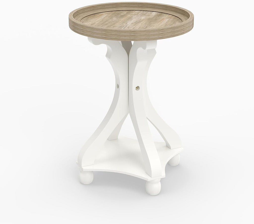 kinbor Farmhouse End Table - Round Pedestal Side Table, French Country Style Bedroom Side Table, Small Accent Table for Living Room, Rustic Wooden Bedside Nightstands for Small Spaces (Walnut)