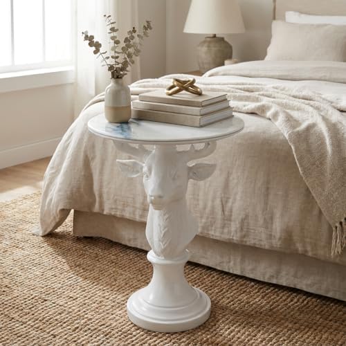 Modern Accent TableLiving Room White Deer Statue Contemporary‌ Faux Marble Night Stand Side Table with White Deer Base Reception Area & Bedroom（Width 19.69" ——Tall 25.59"）