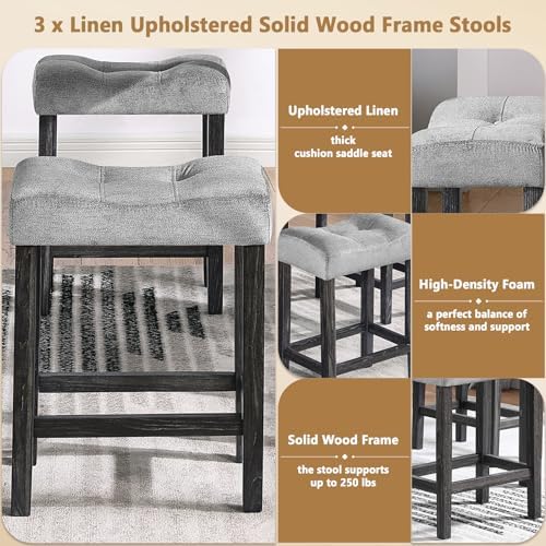 4-Piece Bar Height Table and Chairs with Power Outlet, 59" Counter Height Dining Table Set for 3, High Pub Tables with 3 Linen Upholstered Stools for Kitchen Bar Dining Room (Black RectTable+3Chair)