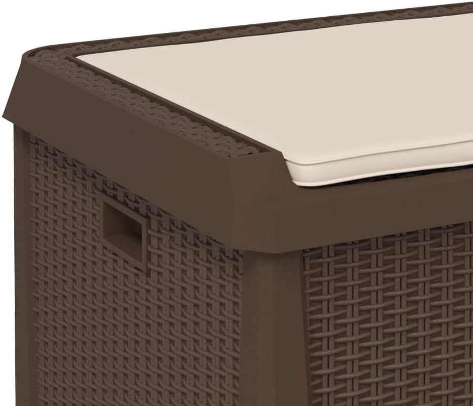 Patio Storage Box with Seat Cushion Brown 33 Gallon Resin Wicker Bench Container for Outdoor Garden Backyard Deck with Lockable Lid and Weather Resistant Design