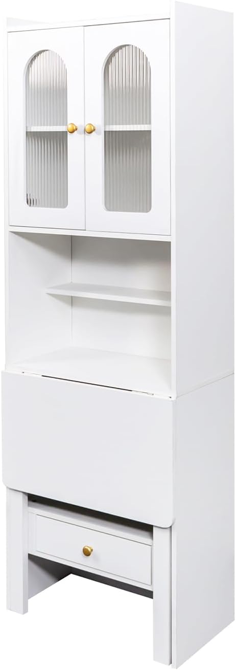 JOYSOURCE 71'' Bedside Table Tall Freestanding Bookshelf with Convertible Desk Hutch Cabinet with Reeded Glass Doors Drawer Nightstand End Table for Living Room White