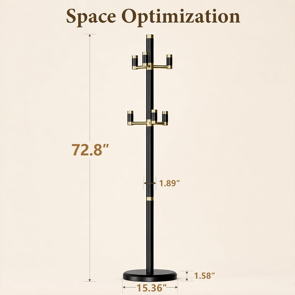 Solid Wood Freestanding Coat Rack with 6 Gold Metal Hooks, Heavy-Duty Freestanding Coat Stand for Coats, Hats, and Bags, Coat Racks for Bedroom, Entryway, and Living Room (Black)