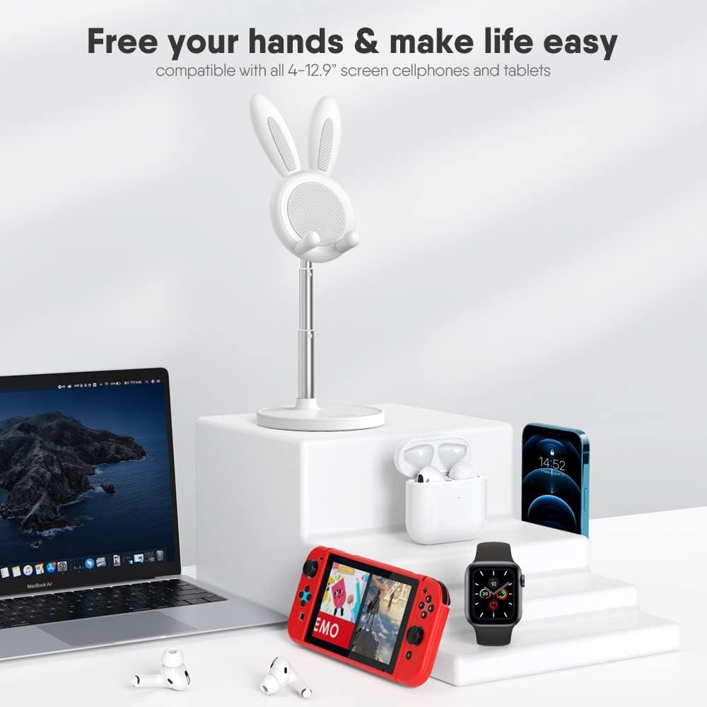 OATSBASF Cute Bunny Phone Stand, Adjustable Cell Phone Holder for Desk, Weighted Base Kawaii Desk Accessories, Aesthetic Room Decor Gift for Women/Girls/Kids, Compatible with All Phones