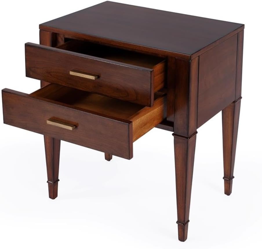 Beaumont Lane Contemporary 2 Drawer End Table, Antique Cherry Finish, 24" W x 16" D x 28" H, Poplar Solids and Veneer, Rectangular Design with Gold Hardware, Living Room or Side Table with Storage