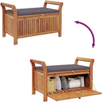 Solid Acacia Wood Patio Storage Bench with Cushion, Curved Arms and Ample Storage Space for Pillows and Blankets, Outdoor Garden Seat