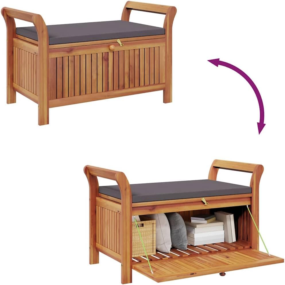 Solid Wood Acacia Patio Storage Bench with Cushion, 35.8 Inch Curved Arm Storage Bench for Garden Cushions and Pillows