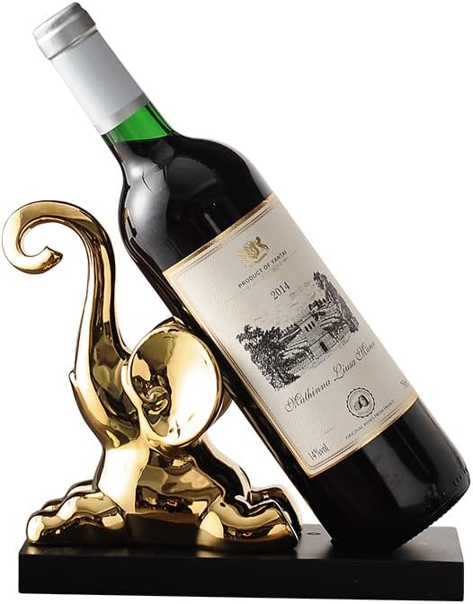 ELEGANTZ Modern Wine Bottle Holder – Decorative Elephant Design with Chrome Finish – Single Bottle Display Stand for Countertop, Bar, or Dining Table – Elegant Wine Rack with Black Base