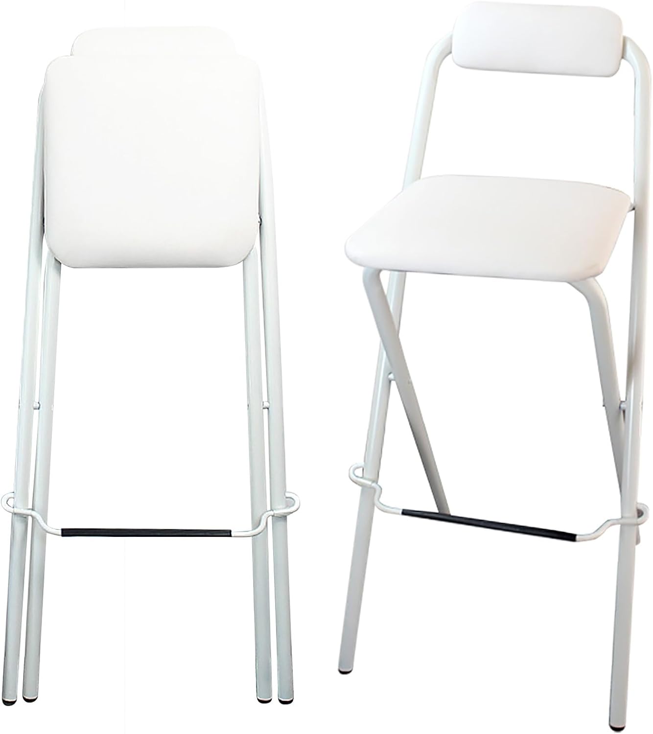 Folding Bar Stool with Backrest, Set of 2 Portable Folding Stool Chair PU Sponge Seat Tall Bar Stools - 300 lbs Capacity (Color : White, Size : Seat Height 27")