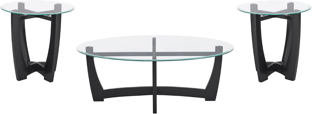 Round End Table with Clear Tempered Glass Top, Black Wood Base, 23.5 Inch, Contemporary Side Table for Living Room