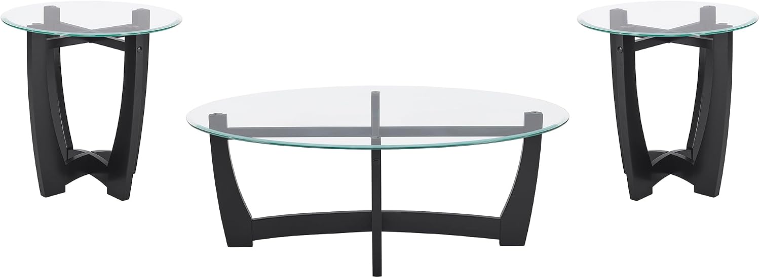 Round End Table with Clear Tempered Glass Top, Black Wood Base, 23.5 Inch, Contemporary Side Table for Living Room