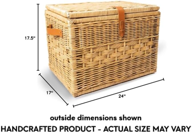 The Basket Lady Handwoven Deep Wicker Storage Trunk, Natural Rattan Wicker Chest with Lid and Handles for Blankets, and Home Organization-Sandstone, Large, 24" L x 17" W x 17.5" H