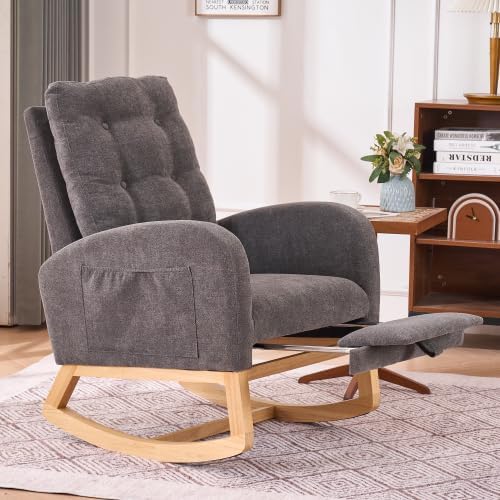 Grey Accent Rocking Chairs, Comfortable Living Room Nursery Glider with Ottoman, High Back Rubber Wood Frame for Bedroom Relaxation, Armchair with Side Pocket