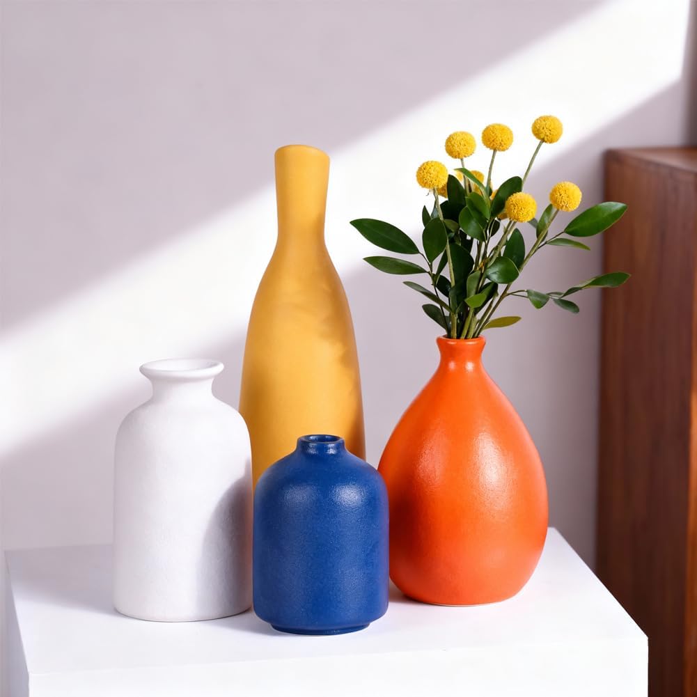 Multi-Color Ceramic Small Bud Vases Set of 4, White Yellow Orange Blue Vase, Modern Minimalism Style Vases for Rustic Home Decor, Ideal Decorative Vases for Living Room, Dining Room, Mantel, Entryway