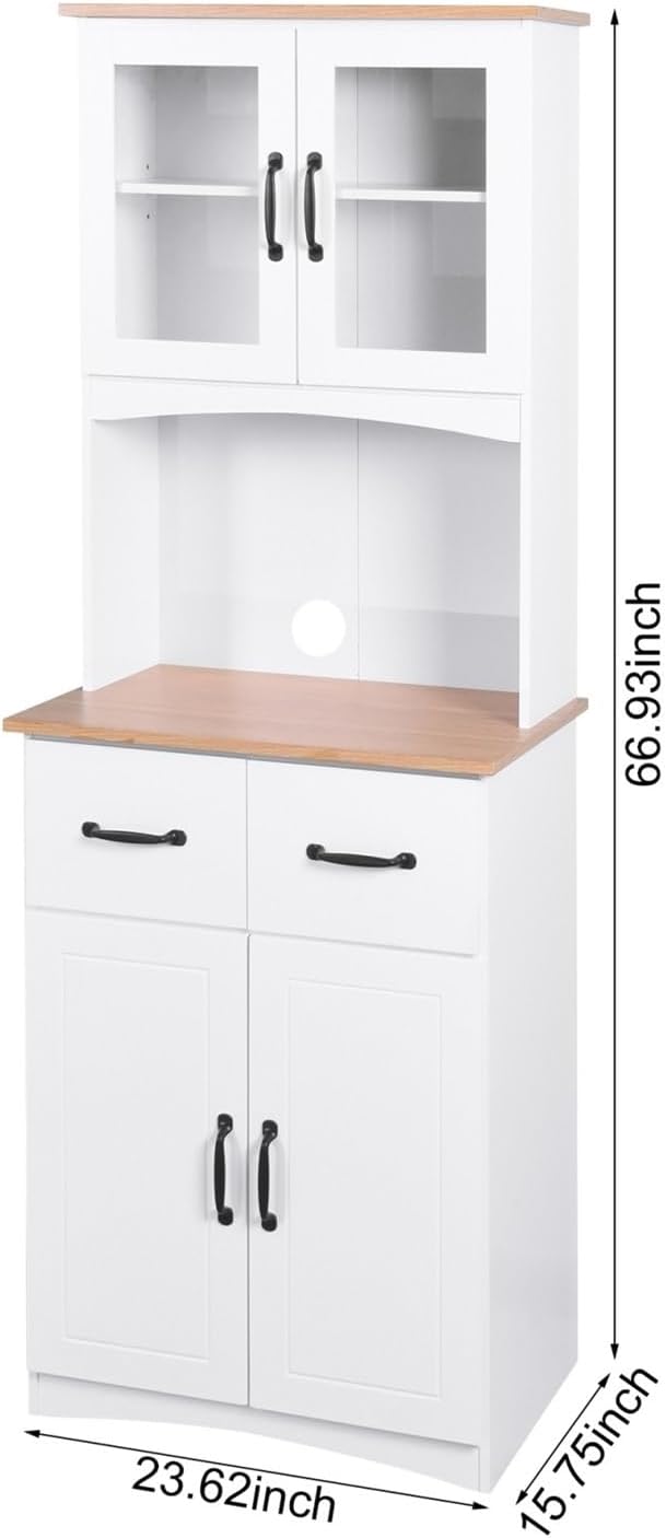 Kitchen Cabinet White Pantry Room Storage Microwave Cabinet with Framed Glass Doors and Drawer,for Kitchen