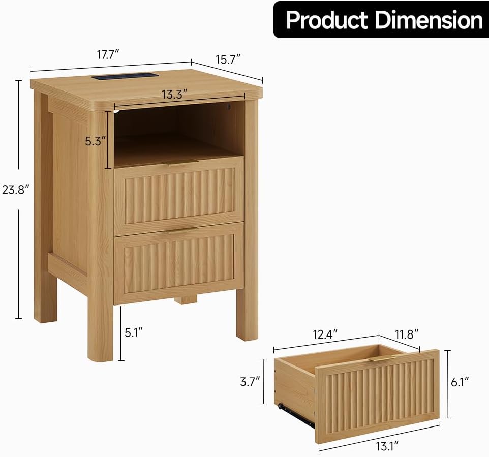 ONBRILL Fluted Night Stand with Charging Station, 23" Modern 2 Drawers End Table, Nightstand Set of 2 with Curved Profile Design, Bed Side Table for Bedroom, Living Room, Natural Oak （1-Pack）