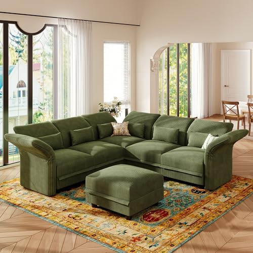 LLappuil Corduroy Sectional Sofa with Storage Ottoman, L Shaped Modular Sectional Couches for Living Room with Adjustable Arms Backs, Plush Supportive Cushions, 6 Seat, Green | Tool Free Assembly