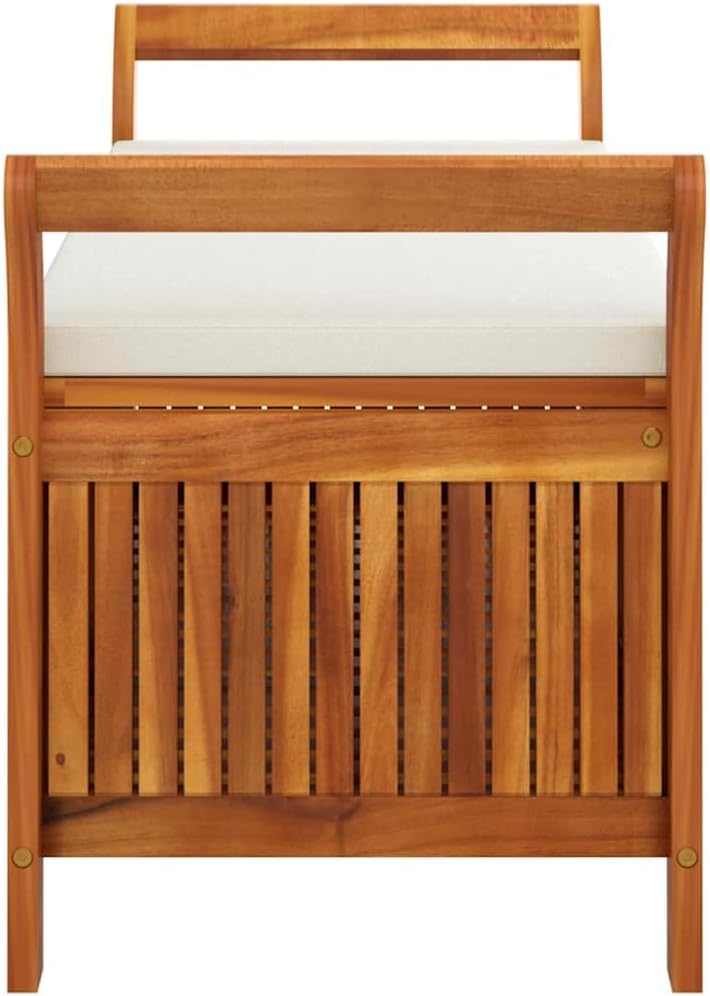 Solid Acacia Wood Patio Storage Bench with Cushion, 49.6 Inch Outdoor Garden Bench with Curved Arms and Ample Storage Space