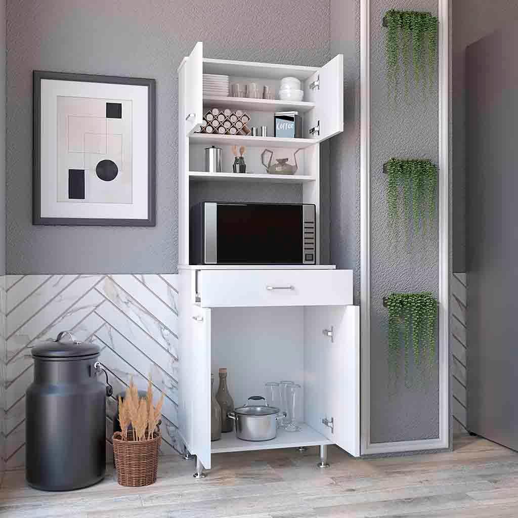 67" Kitchen Pantry Storage Cabinet with Open Shelves & Microwave Stand,Modern Hutch Cabinet Cupboard Credenza with 4 Doors and 1 Drawer for Kitchen, Living Room, White