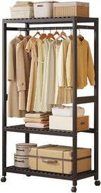 Bamboo Open Wardrobes with Wheels,Stable Clothes Rail with Rod and 2 Storage Shelves,for Hanging Clothes,Clothes Rack for Bedroom Entryway Bathroom Office,43/63/83/98 * 34 * 160cm