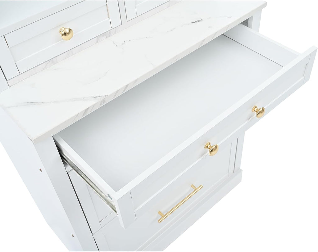 83.7” Tall Kitchen Pantry Storage Cabinet, Wooden Storage Cabinet with 5 Drawers and Adjustable Shelves, Bathroom Storage Cabinet with Open Compartments, Freestanding Cupboard for Kitchen, White
