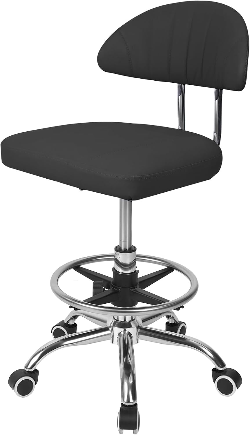 Height Adjustable Drafting Chair, Tall Office Chair with Backrest and Foot Rest, Swivel Rolling Stool, Ergonomic Computer Chairs, for Home Office Studio Dental Salon, 220 lbs Black