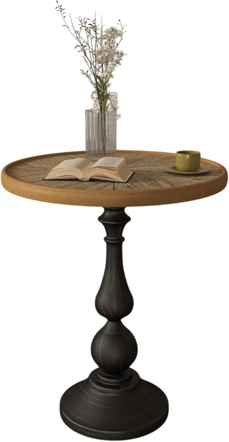 Vintage Round Accent Table with Carved Wood Detailing and Black Pedestal Base, 19.9” Diameter, 23.4” Height - Ideal for Living Room or Entryway Decor