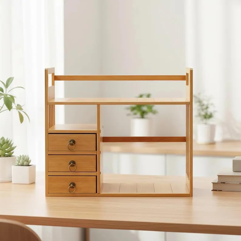 Natural Bamboo Desktop Organizer with 3 Drawers, Modern Minimalist Desk Storage Rack, Multi-Layer Shelf for Office Home Bedroom, Space-Saving Tabletop Organizer