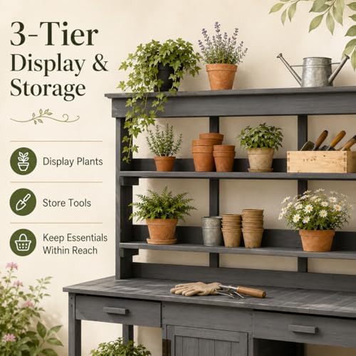 Outdoor Potting Bench with Open Shelves and Cabinet, 66 in | Fir wood, countertop, open shelves, enclosed cabinet, anti-fall device, garden workstation, 50.2 W x 19.7 D x 66 H in