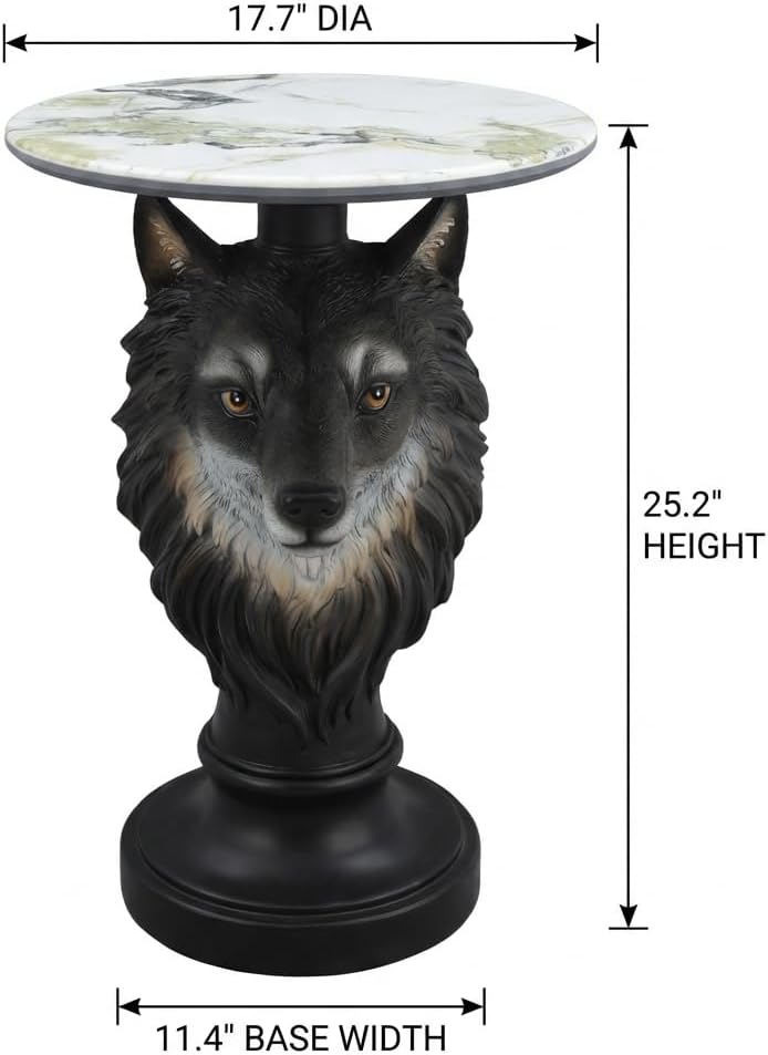 Modern Wolf Head Side Table, Artistic Animal Sculpture End Table with Faux Marble Top, Unique Fiberglass Accent Table for Living Room & Bedroom, Ideal Gift for Wolf Lovers (Realistic)