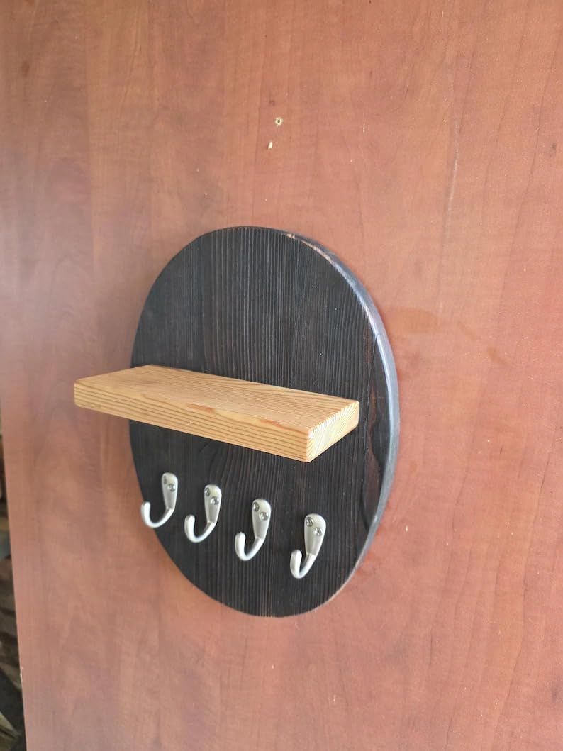 Rustic Wood Wall Key Holder with Shelf, 5-Hook Entryway Organizer, Black and Natural Wood Decor for Hallway Bedroom Kitchen, Space-Saving Hanging Storage Rack
