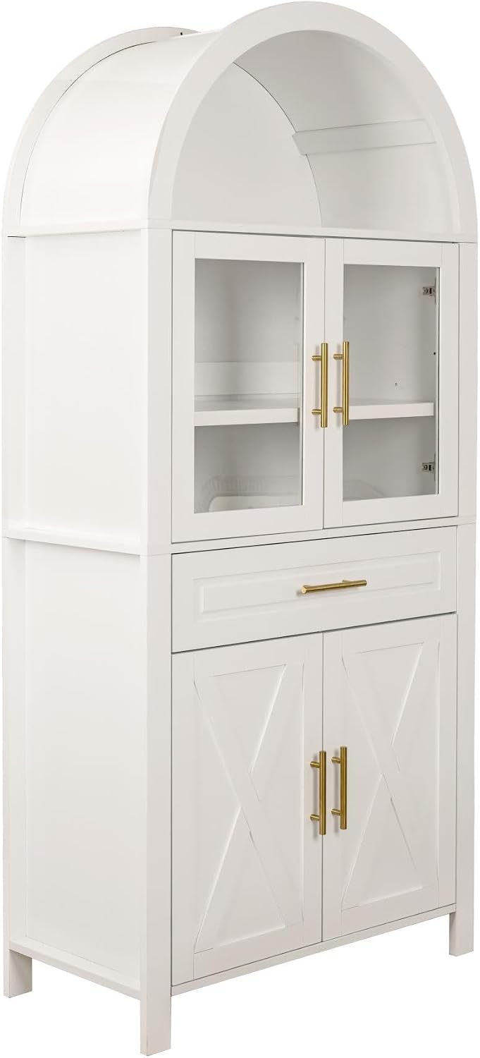 ZeHuoGe 70.8" Tall Arched Kitchen Pantry Cabinet with Glass Door, Farmhouse Storage Pantry Cabinet with Adjustable Shelves & Barn Door Design for Kitchen, Living & Dining Room (White)