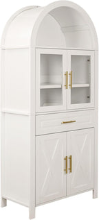 ZeHuoGe 70.8" Tall Arched Kitchen Pantry Cabinet with Glass Door, Farmhouse Storage Pantry Cabinet with Adjustable Shelves & Barn Door Design for Kitchen, Living & Dining Room (White)