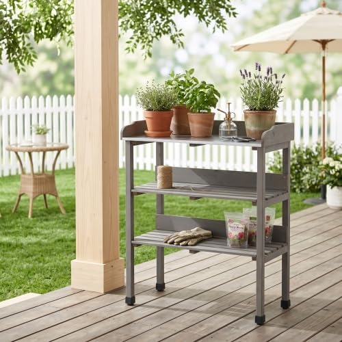 Multi-Functional Patio Storage Cabinet, 3-Tier Outdoor Potting Bench with Adjustable Support Feet & Tool Hooks,for Indoor Outdoor Multipurpose Use,Grey