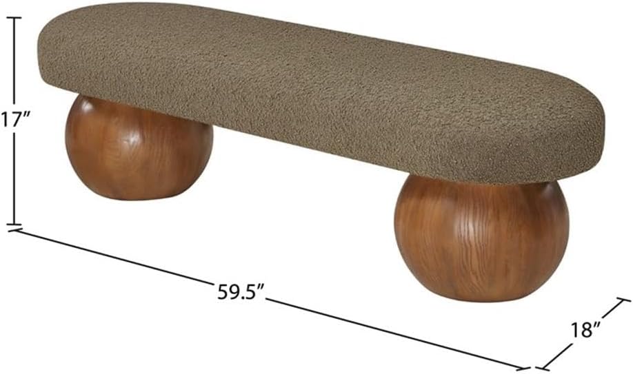 Pemberly Row Contemporary Boucle Fabric Bench, 59.5" W, Olive Green Upholstery, Walnut Ash Wood Ball-Shaped Legs, Art Deco Style, Living Room or Bedroom Accent Seating