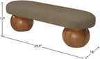 Pemberly Row Contemporary Boucle Fabric Bench, 59.5" W, Olive Green Upholstery, Walnut Ash Wood Ball-Shaped Legs, Art Deco Style, Living Room or Bedroom Accent Seating