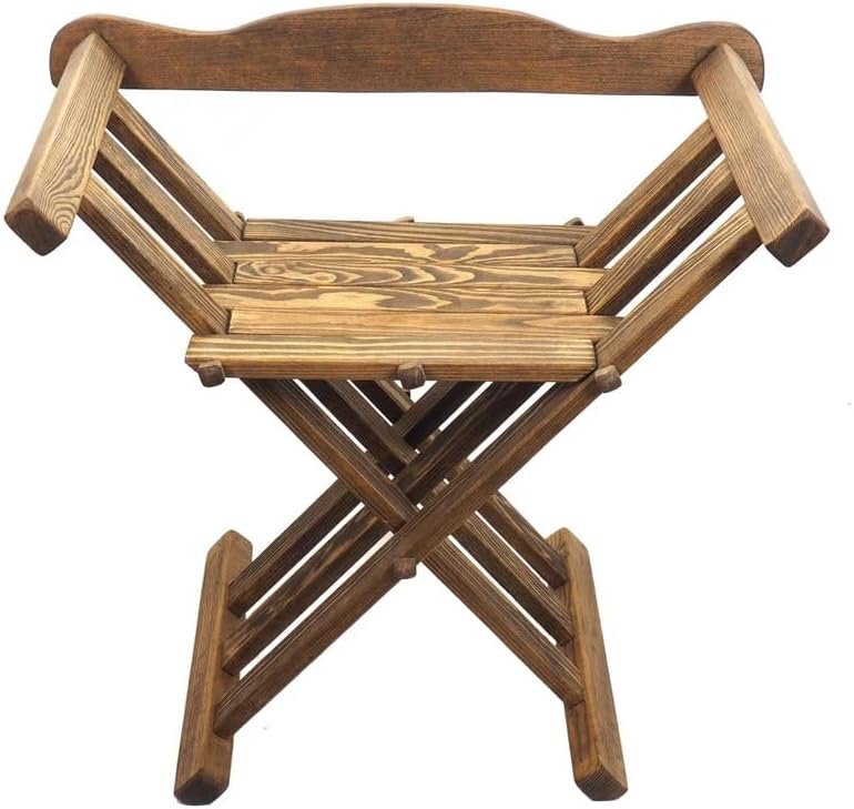 Dark Oak Medieval Viking Folding Chair with Backrest & Armrests, Rustic Solid Wood Portable Foldable Seat for Outdoor & Indoor Use