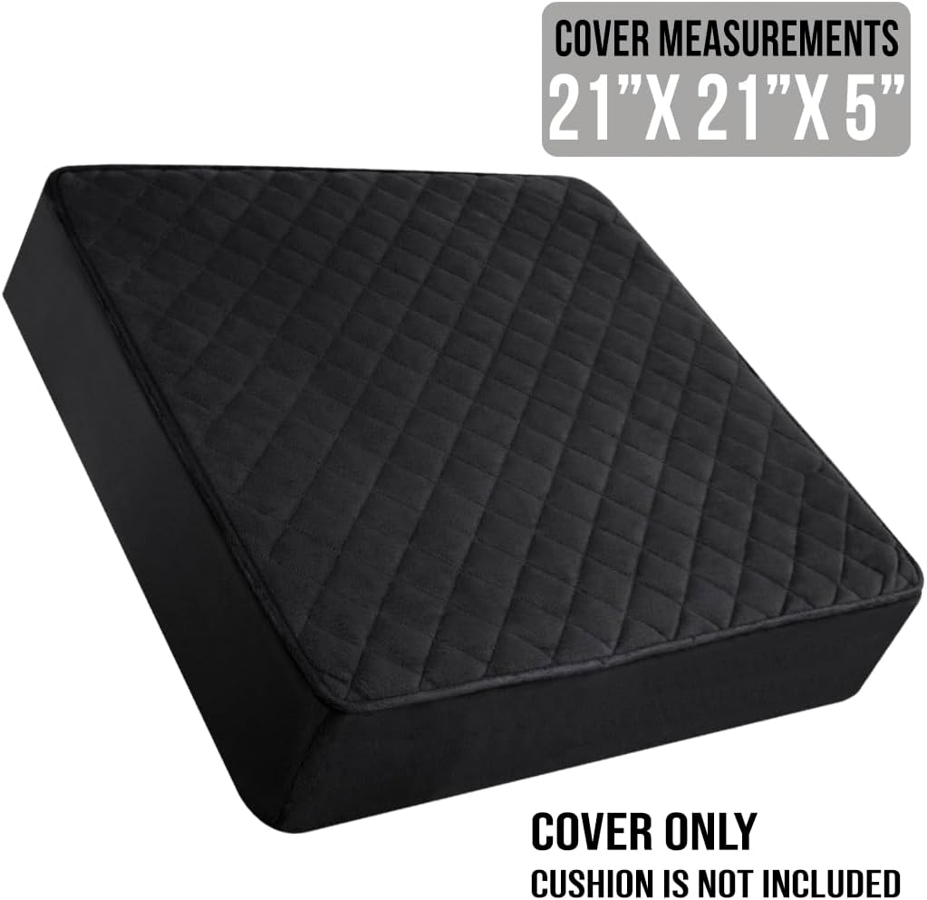 21x21x5 Replacement Cover for Square Thick Chair Seat Cushion - Soft Velvety Fabric - Quilted Top - Washable with Waterproof Layer & Extra-Long Zipper - Non-Slip Base - Cover ONLY - Black