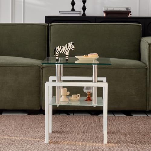 Glass End Table Tea Table with Shelf Side Table with Metal Legs Modern Small Tables for Livingroom (White)