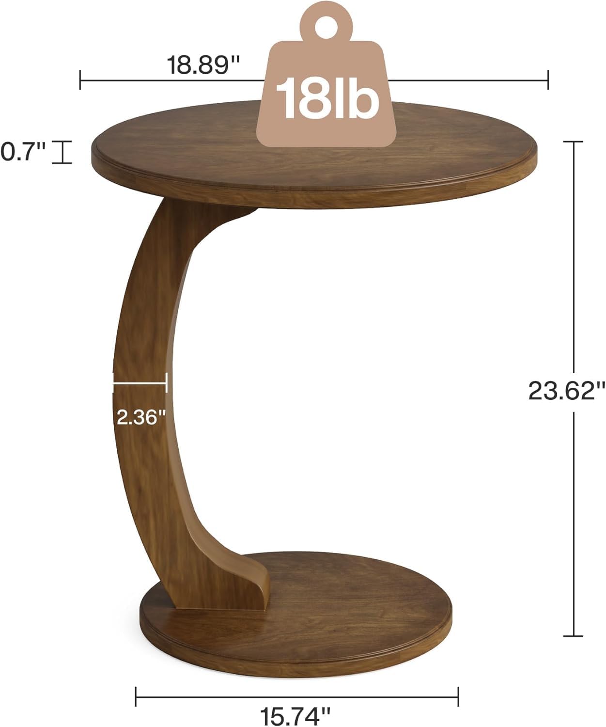 Tribesigns C Shaped End Table, Round Wood Side Table, Mid-Century Modern Style, Heavy Base, for Living Room, Bedroom, Small Space, Brown