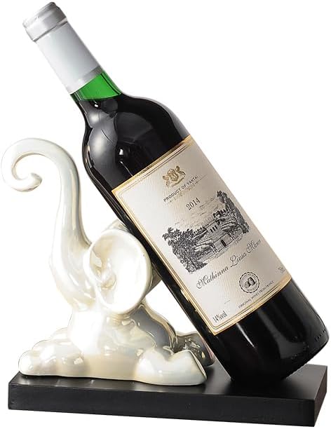 ELEGANTZ Modern Wine Bottle Holder – Decorative Elephant Design with Chrome Finish – Single Bottle Display Stand for Countertop, Bar, or Dining Table – Elegant Wine Rack with Black Base
