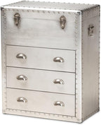BOWERY HILL 3-Drawer Mid-Century Metal Accent Storage Chest, Silver Finish, Wood and Metal Construction, Vintage-Inspired Rivet Details, Lift-Top Compartment, Bedroom, Living Room, or Entryway Use