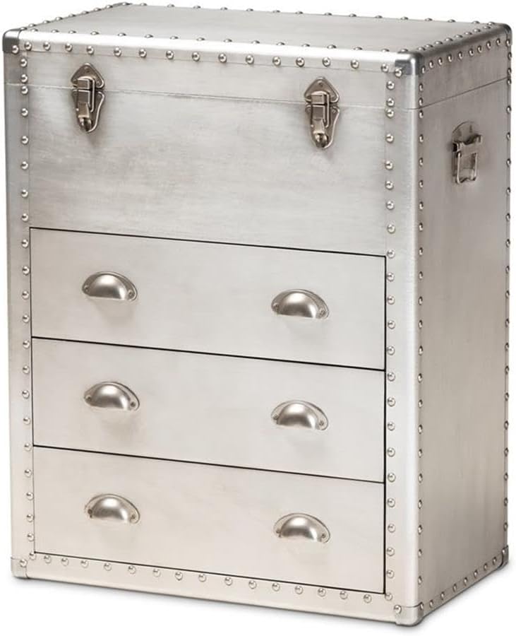 BOWERY HILL 3-Drawer Mid-Century Metal Accent Storage Chest, Silver Finish, Wood and Metal Construction, Vintage-Inspired Rivet Details, Lift-Top Compartment, Bedroom, Living Room, or Entryway Use