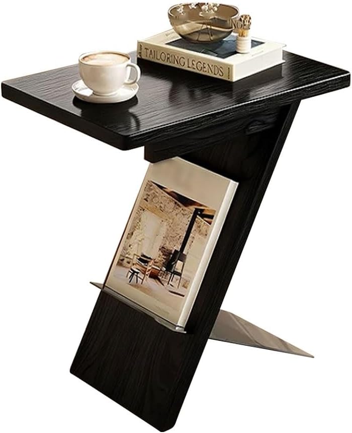 Solid Wood Sofa Side Table, Creative Bedroom Bedside Table Vintage Living Room Accent End Tables TV Tray Tabletop, Narrow Couch Side Tables for Small Space(Black,Steel Legs)