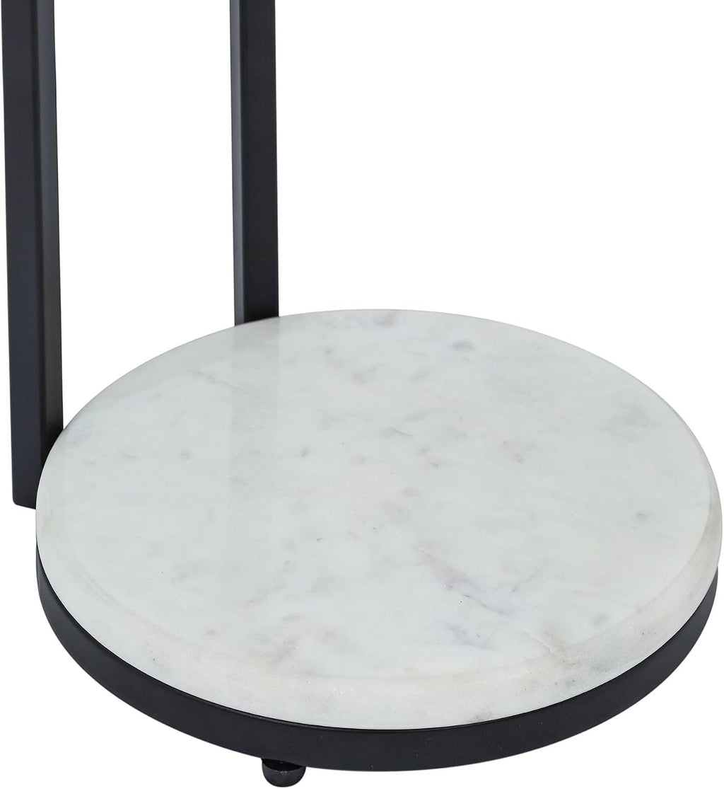 Black Drink Table with Glass Top & White Marble Base | Decorative Modern End Table | Metal Base Side Table | Accent Table for Living Room | 10x10x23.25