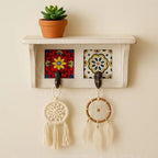 Bohemian Wall Shelf with Hooks, White Rustic Floating Shelf, Decorative Storage Shelf with Floral Tile Accents for Entryway Bedroom Bathroom, 2-Hook Wall Organizer