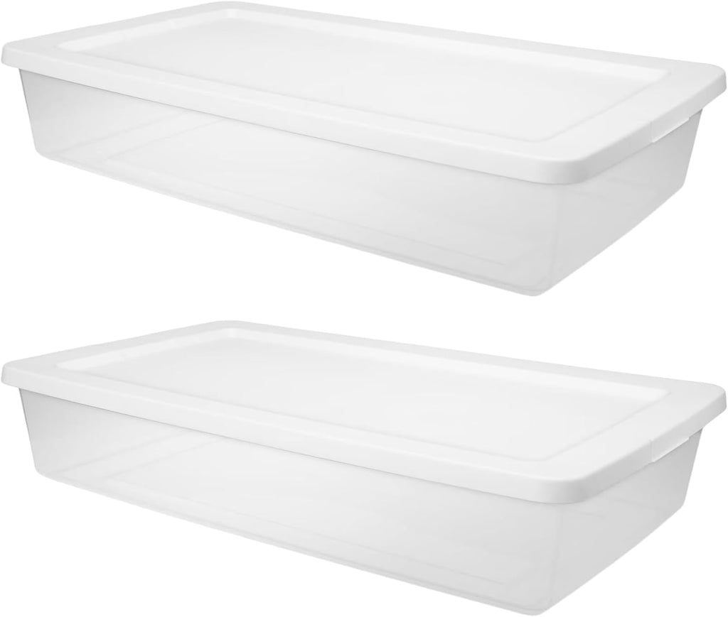 (2 Pack) 41 Quart Under Bed Storage Containers, Flat Storage Bins with Lids, Plastic Material Stackable, for Bedroom, Garage, Pantry, Closet & Home Organization, White