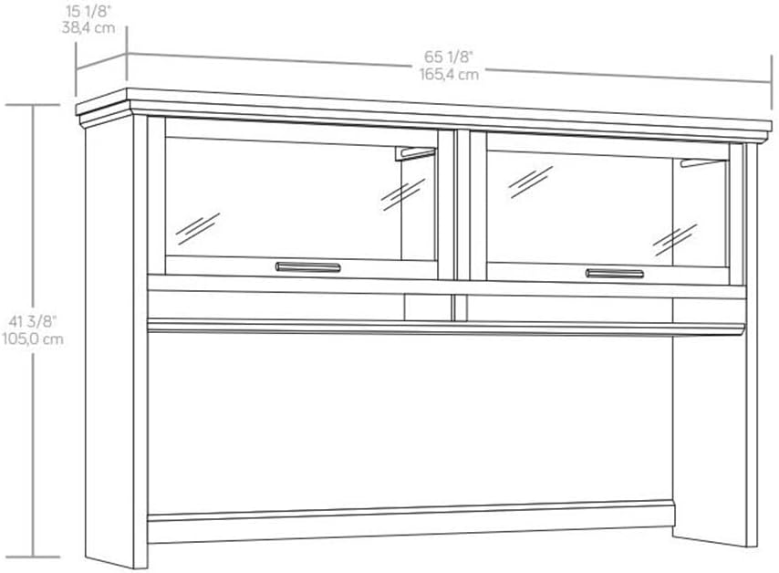 Pemberly Row Modern Engineered Wood Hutch, Pebble Pine/Brown Finish, 41.3 in H x 65.1 in W x 15.1 in D, Safety-Tempered Glass Doors, Storage Cubbyholes, Compatible with Credenza or L-Shaped Desk
