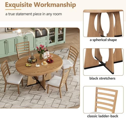 Bellemave Extendable Dining Table Set with 4 Upholstered Chairs, 5-Piece Round Kitchen Table Set with Removable Middle Leaf for Kitchen, Dining Room (Natural)