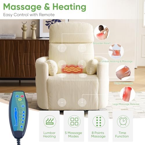 Oversized Power Recliner with Massage and Heat, Swivel Rocker Recliner with Adjustable Headrest, Glider Recliner Nursery Chair with 2 Pillows, rocking nursery recliner for Living Room,Corduroy Beige